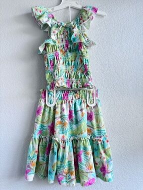 Girls Tropical 2-Piece Set Size 7/8 | Ruffle Smocked Top & Skirt | Summer Outfit
